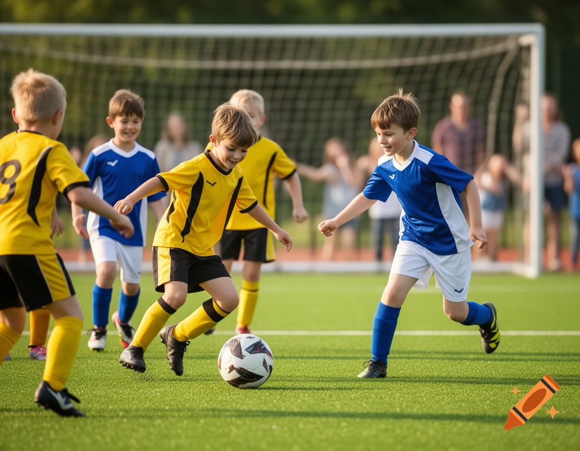 Young boys in yellow and blue jerseys play soccer on a green field with a goal in the background.