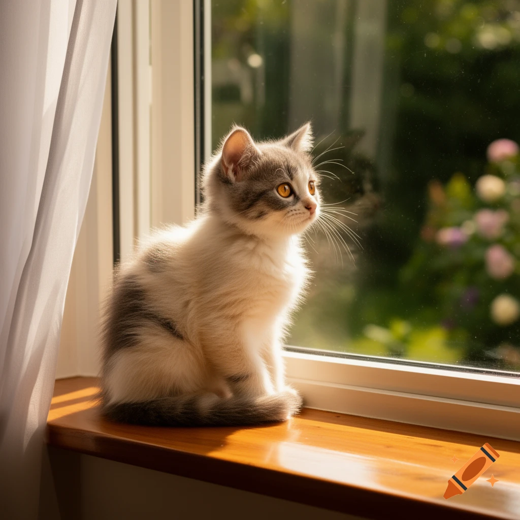 A fluffy white and gray kitten with orange eyes sits on a wooden windowsill, looking out at a blurry green garden.