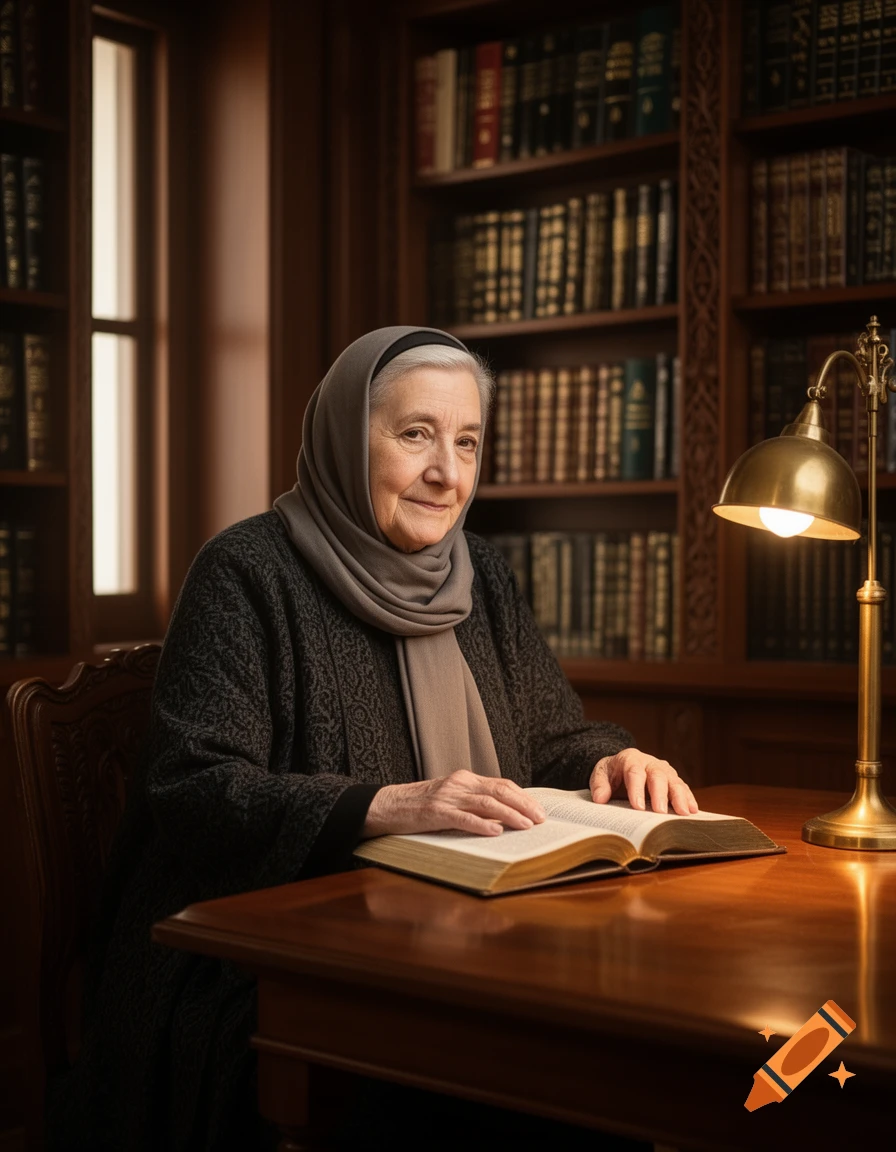 An elderly woman in a hijab sits at a desk in a library, reading an open book under a lamp, with bookshelves in the background.