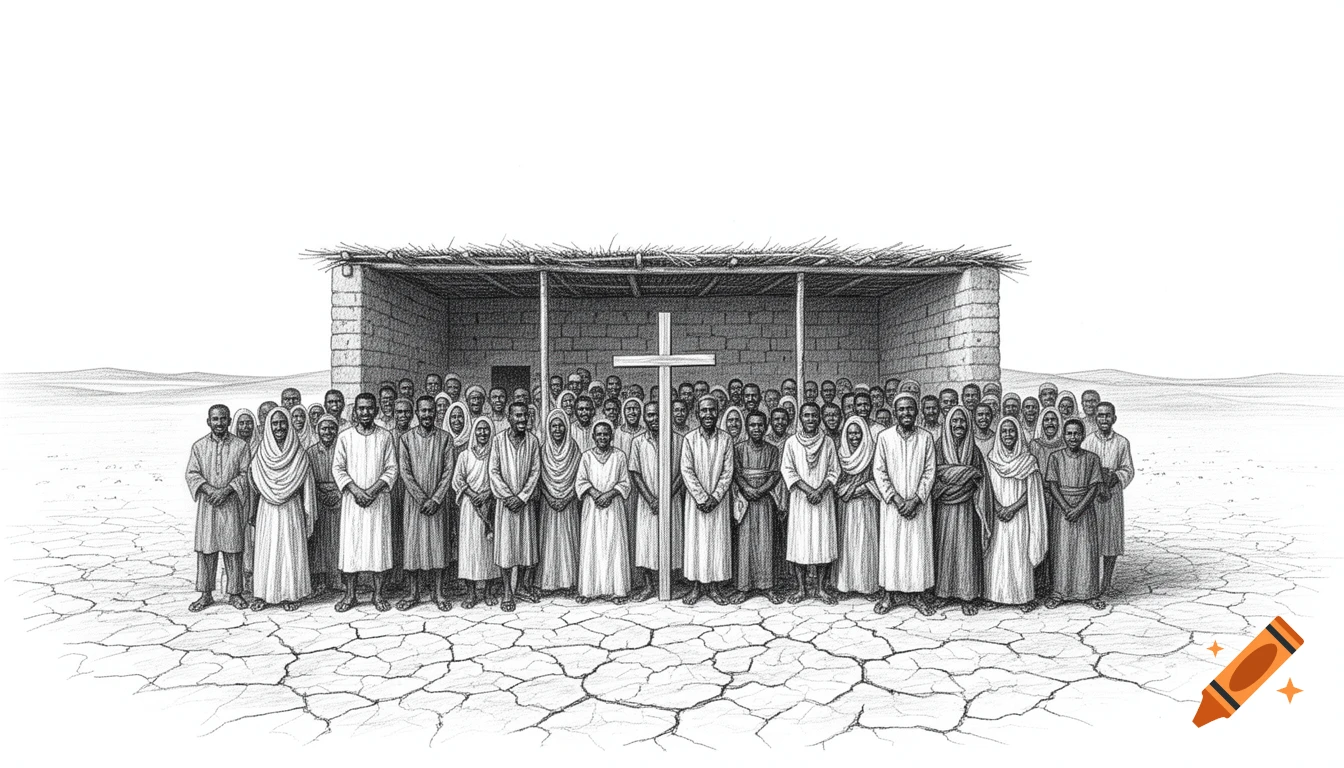 Pencil illustration of a large church congregation, African people, standing before a simple building with a cross on dry, cracked earth.