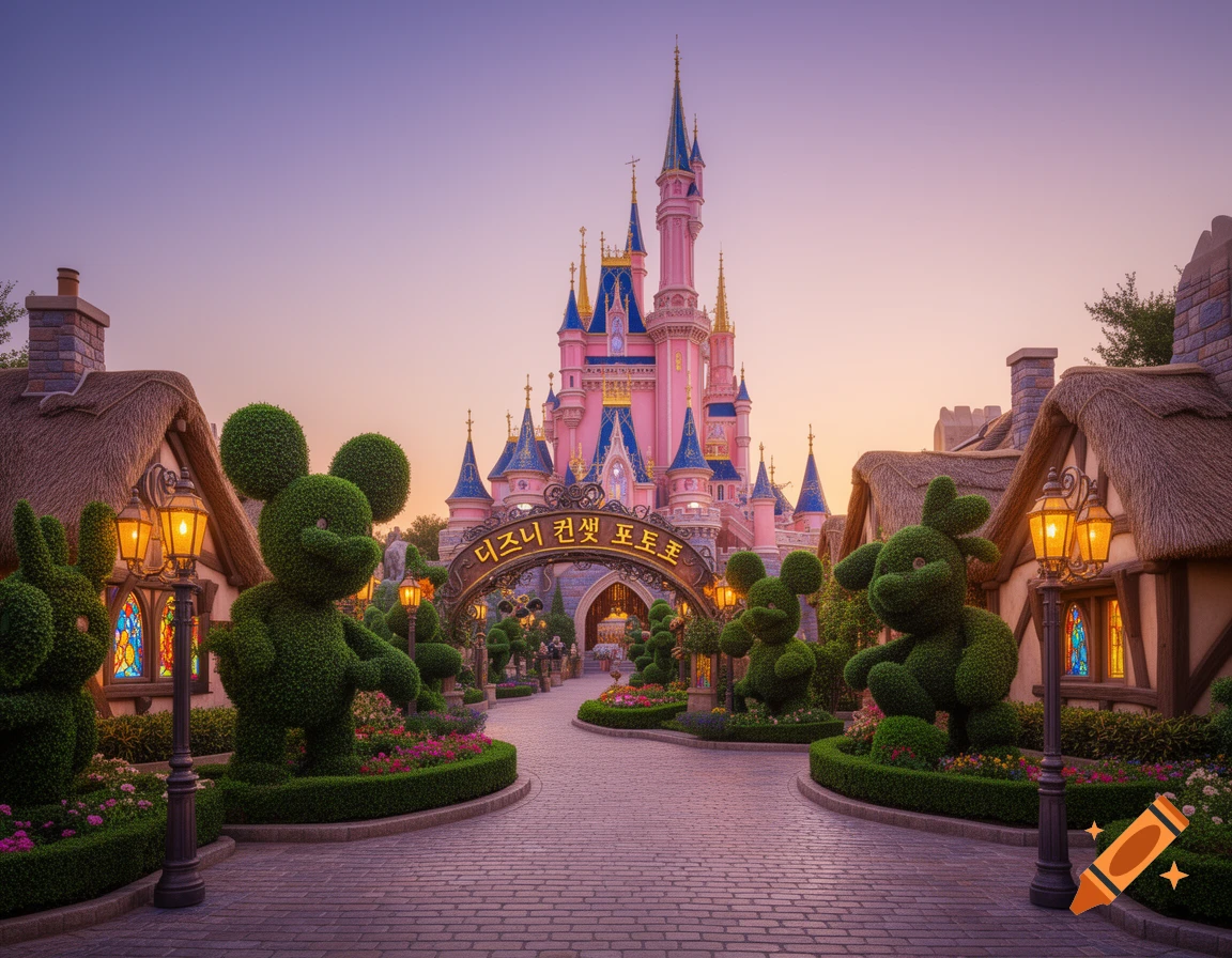 A whimsical pink and blue fantasy castle at sunset, surrounded by Mickey Mouse topiaries and charming cottages, leading to a 'Disney concept photo zone' archway.