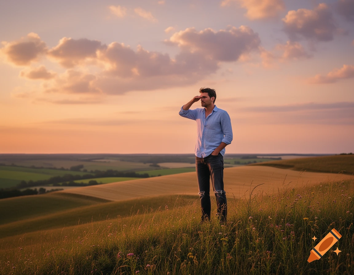 A man in a blue shirt stands on a grassy hill, shading his eyes while looking at a sunset over a rolling landscape.