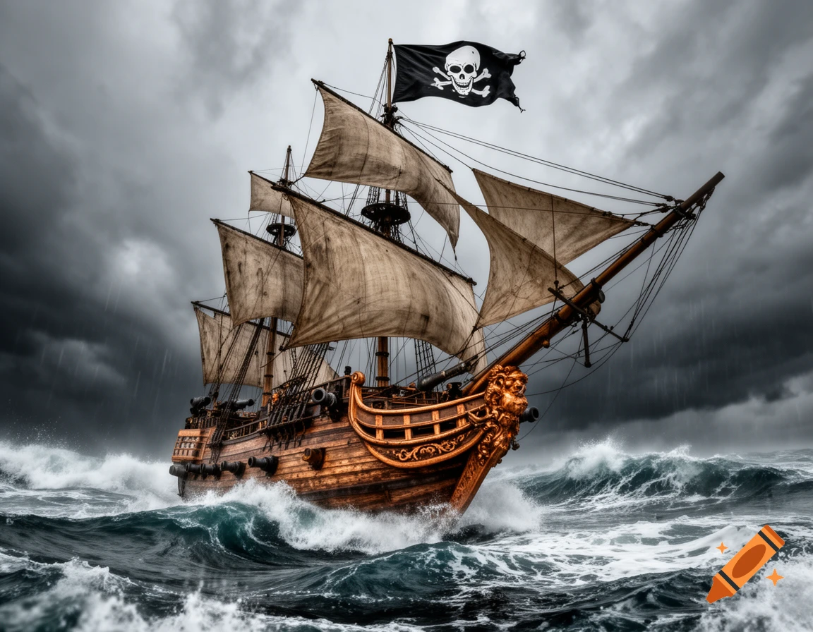 A large pirate ship with a skull and crossbones flag battles rough waves under a dark, stormy sky.