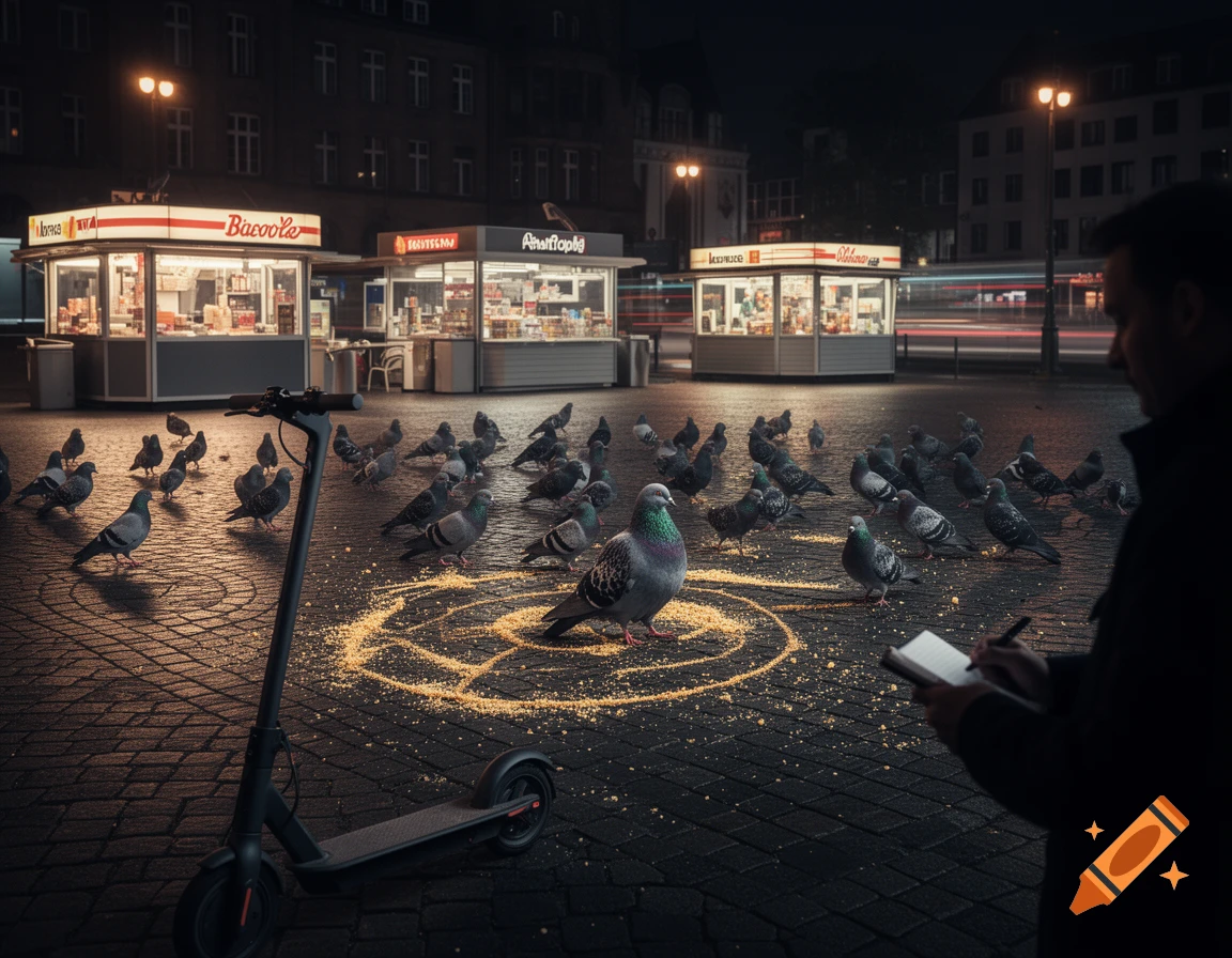 Photorealistic night scene of a man writing in a notebook next to an e-scooter, surrounded by pigeons on a cobblestone square where a breadcrumb pattern is laid out. Food stalls glow in the background.
