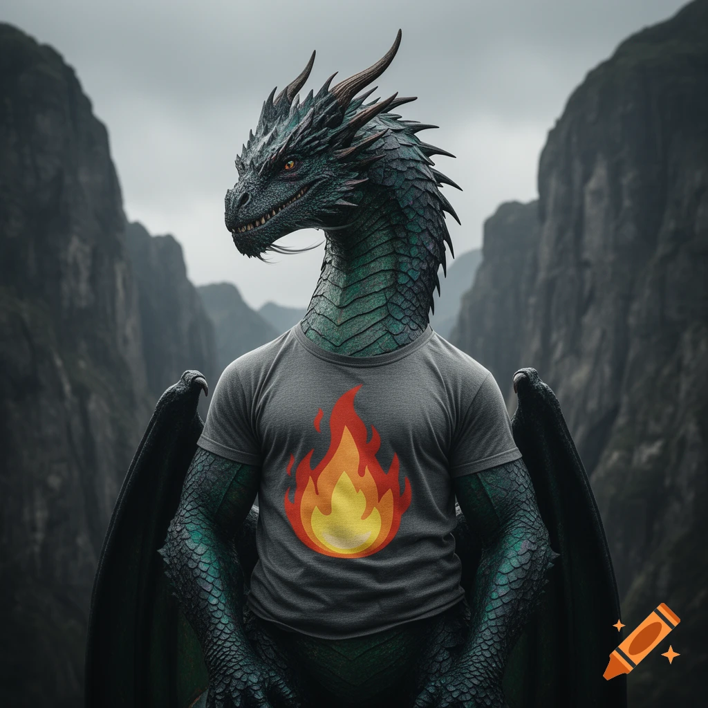 A photorealistic green dragon wearing a grey t-shirt with a flame logo, standing in a mountain pass.