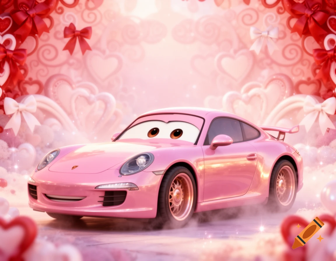 Pink Porsche sports car with cartoon eyes smiling in a fairytale-like background of hearts, bows, and sparkles.