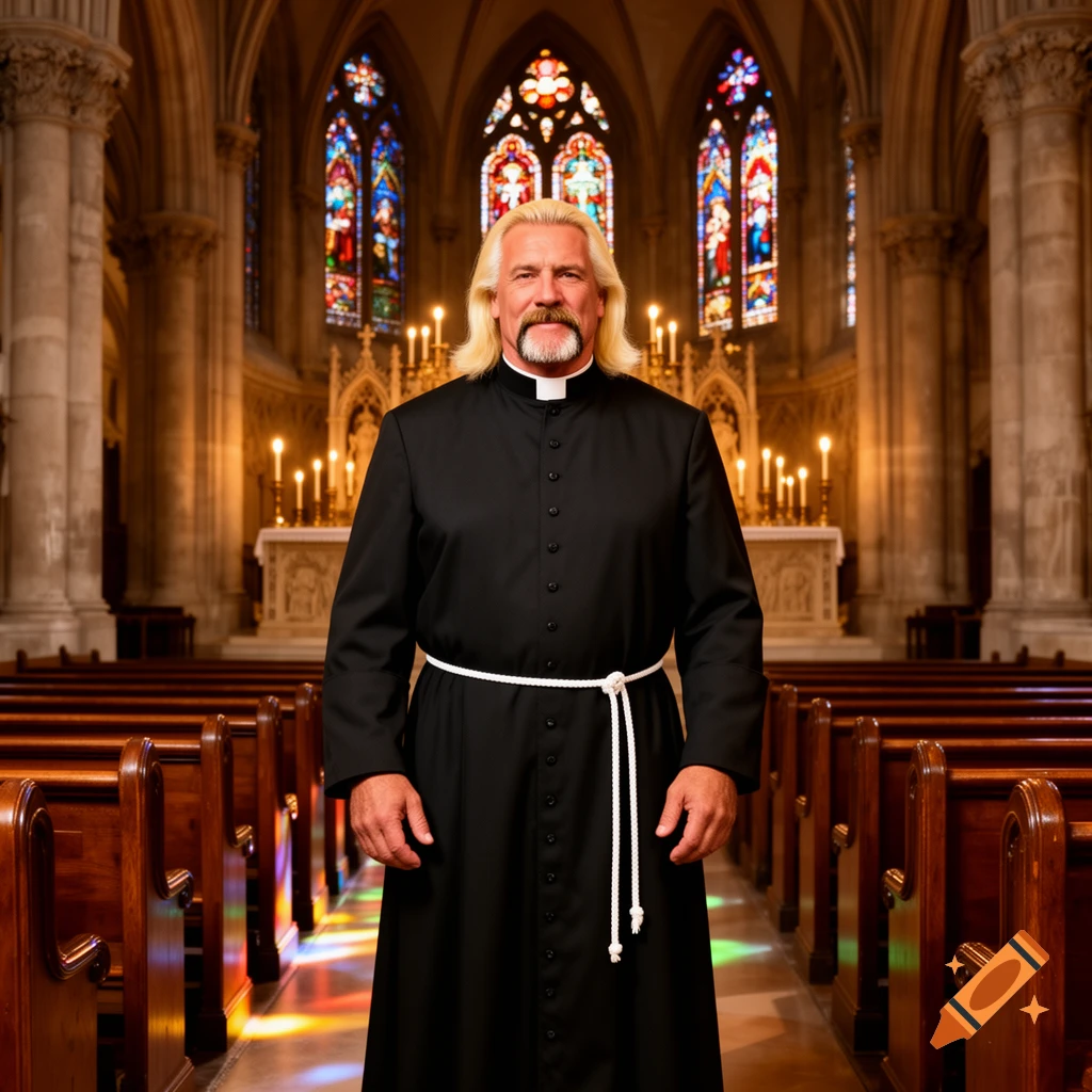 A man resembling Hulk Hogan, with long blonde hair and a goatee, in a black priest's cassock and white cincture, stands in a church aisle with stained glass windows.