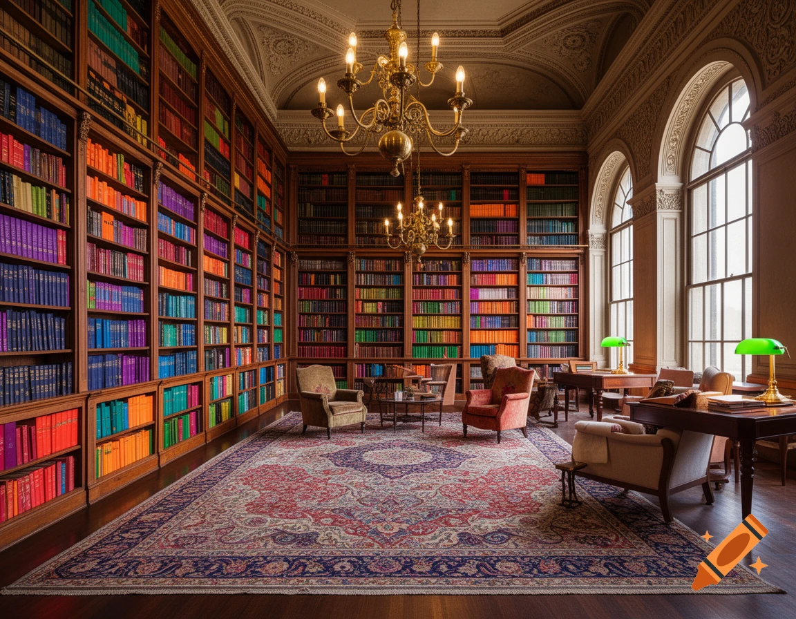 A grand library with colorful books on wooden shelves, two chandeliers, large arched windows, and antique chairs.