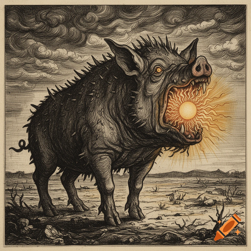 Medieval etching of a snarling, spiky demonic boar in a desolate landscape, with the sun radiating light from its open mouth.