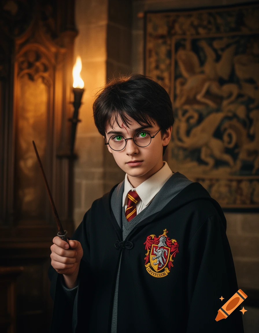 A boy dressed as Harry Potter, with a lightning scar and bright green eyes, holds a wand in a Hogwarts-like setting.