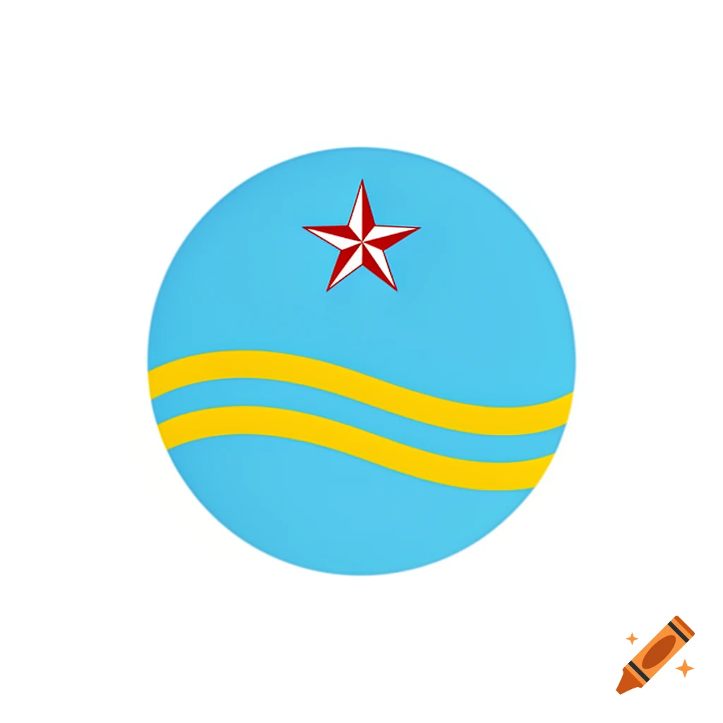 Circular Aruban flag featuring two yellow wavy stripes and a red-bordered white four-pointed star.