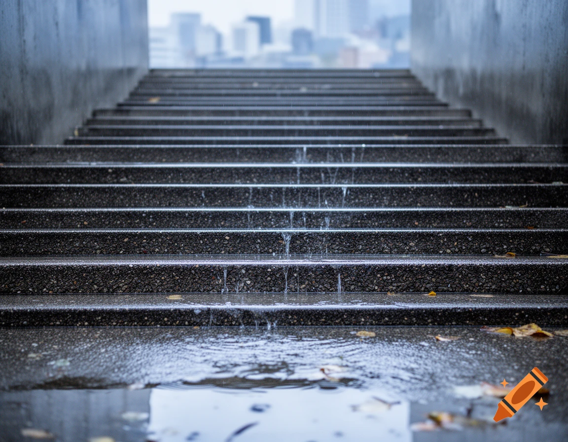 Wet concrete stairs with water flowing down, leading up to a blurred city skyline under a grey sky.