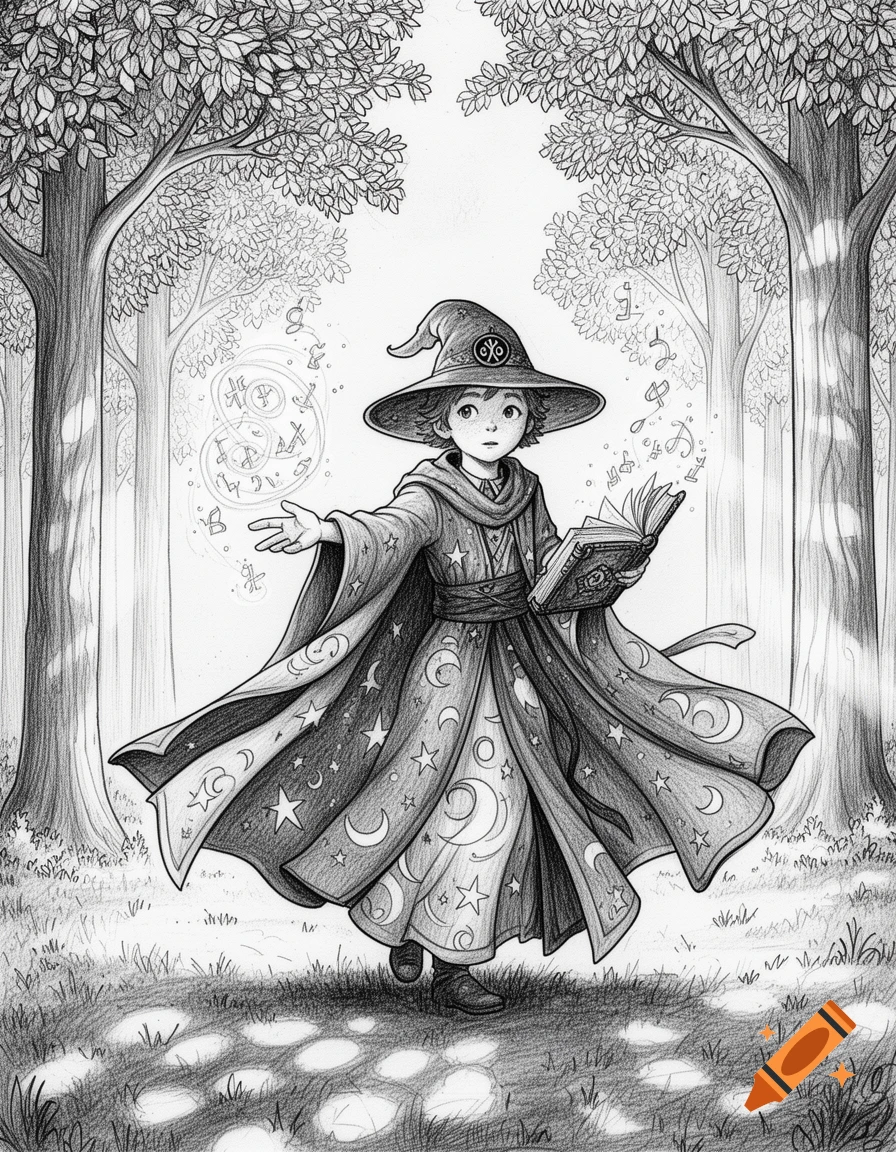 A black and white pencil drawing of a young wizard in a flowing, star and moon-decorated robe and a wide-brimmed hat, holding a book and casting a spell in a forest setting.