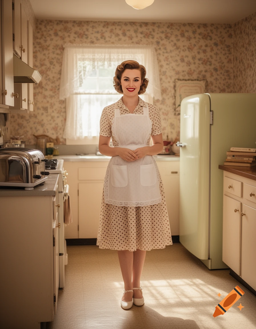 A smiling woman in a polka dot dress and white apron stands in a photorealistic 1950s-style kitchen.