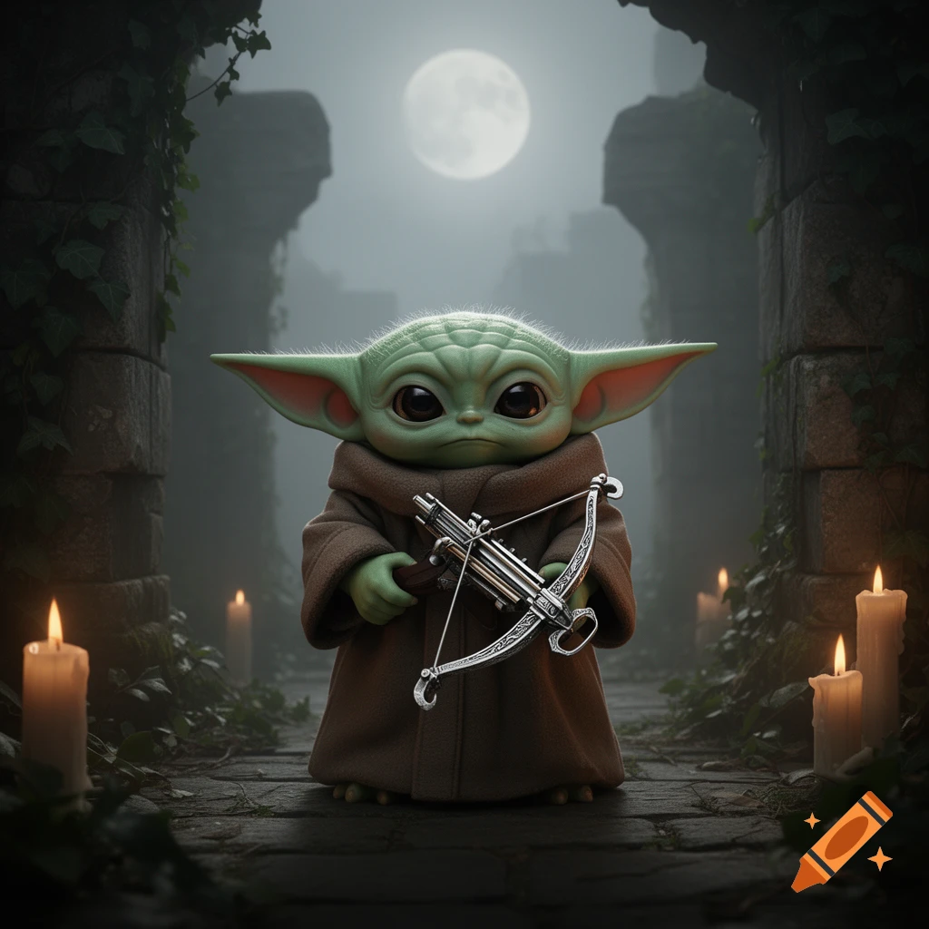 Baby Yoda holding a small crossbow, standing in a foggy, ancient stone ruin under a full moon, lit by candles.