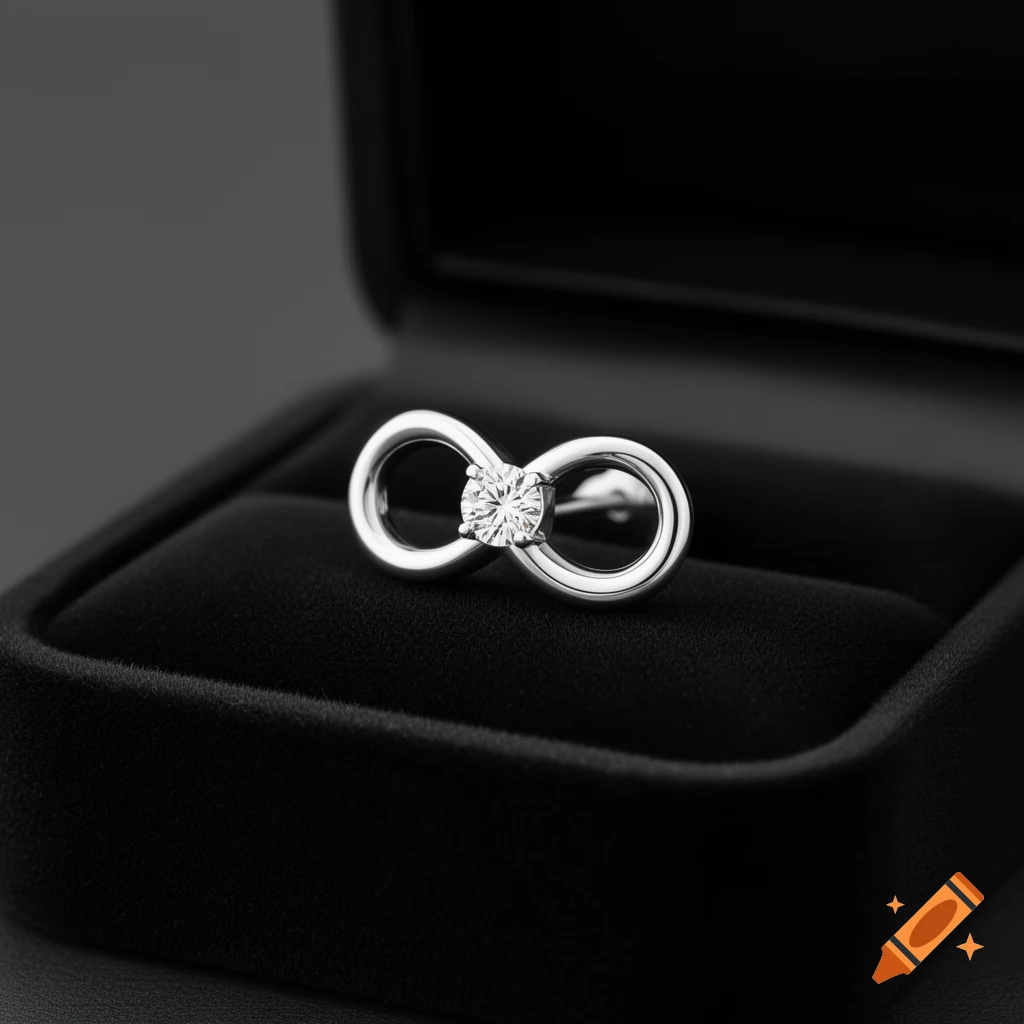 A silver infinity symbol earring with a single diamond stud rests in an open black velvet jewelry box.