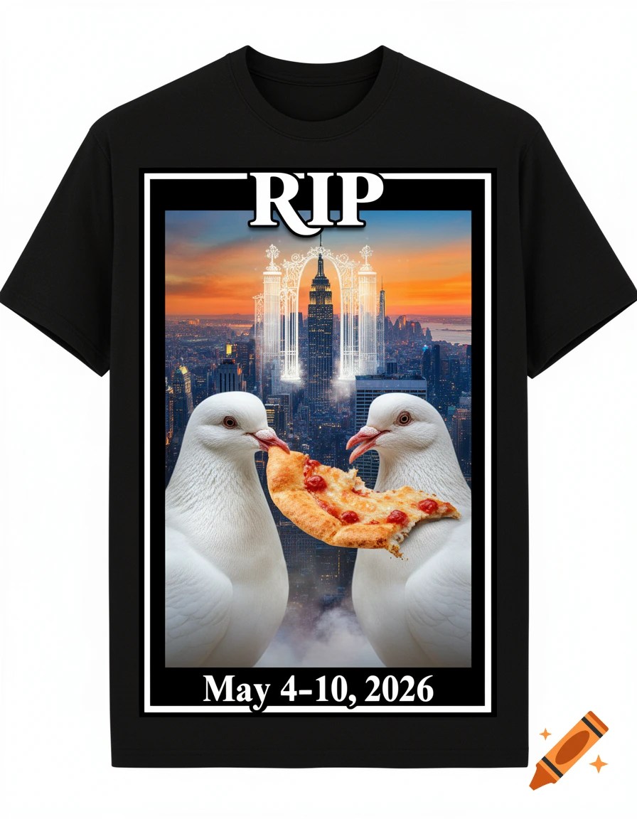 A black t-shirt features a memorial design with two white pigeons sharing a pizza slice, set against a New York City skyline at sunset with heavenly gates. Text reads "RIP" and "May 4-10, 2026".