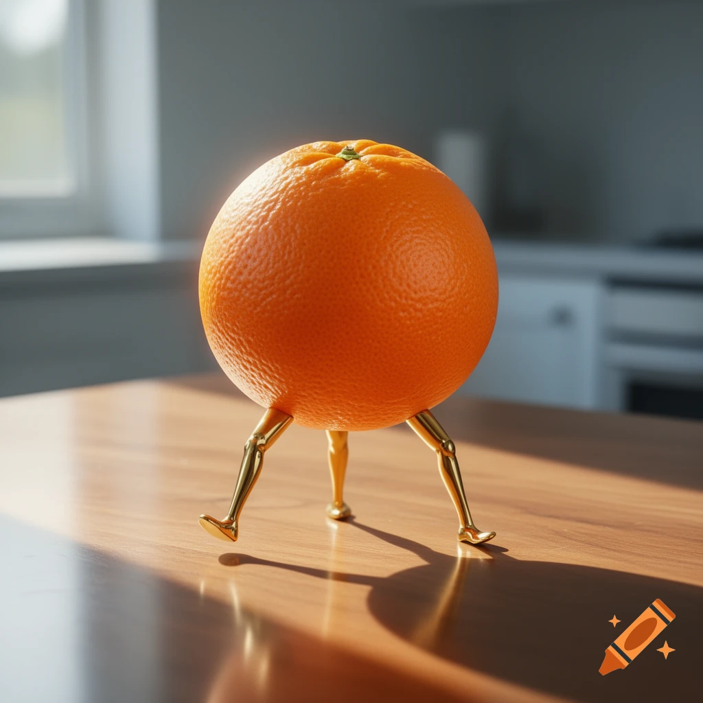 A photorealistic orange with shiny golden human-like legs standing on a wooden table in a sunlit room.