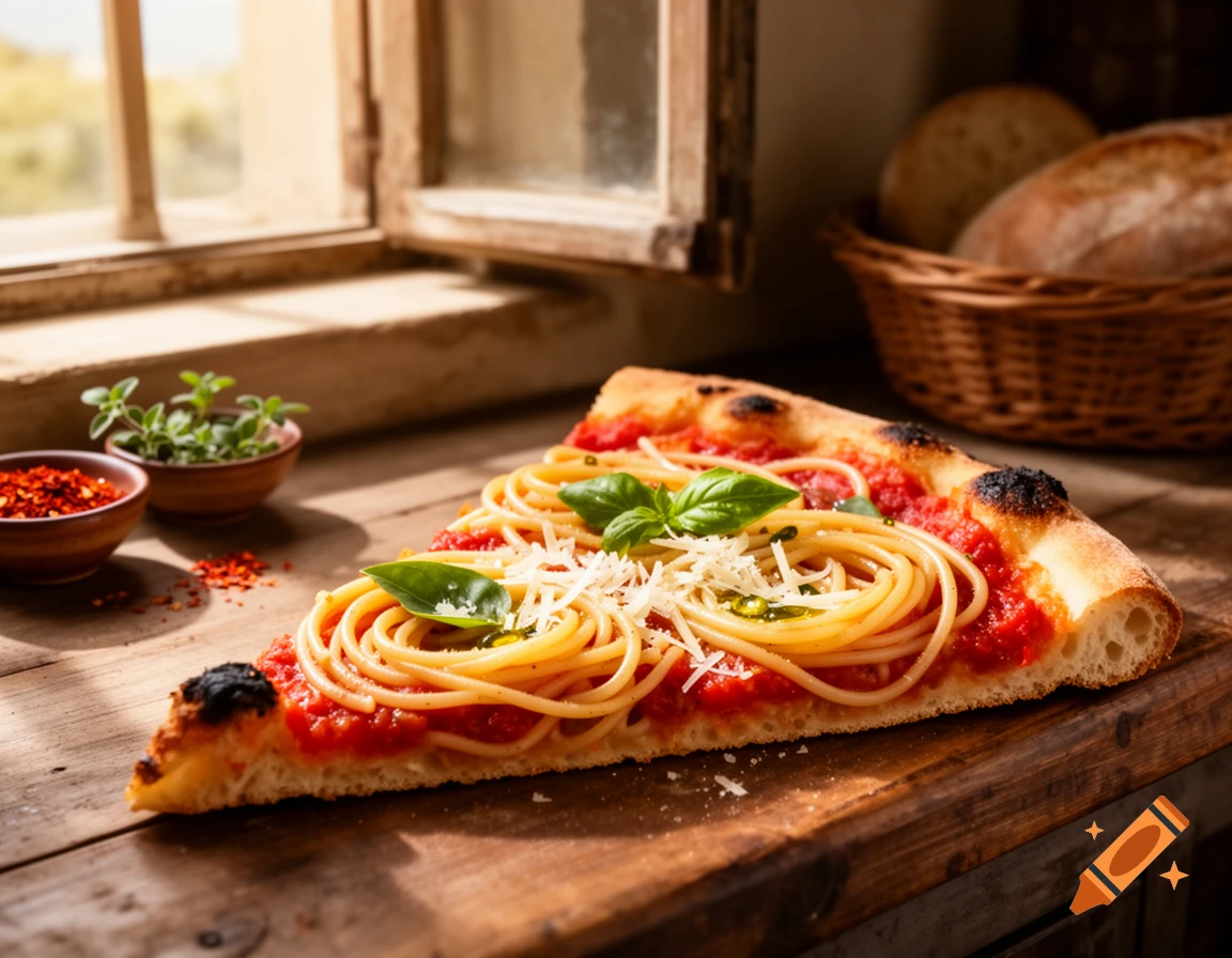 A close-up shot of a pizza slice topped with spaghetti and tomato sauce, garnished with basil and parmesan, on a wooden table near a window.