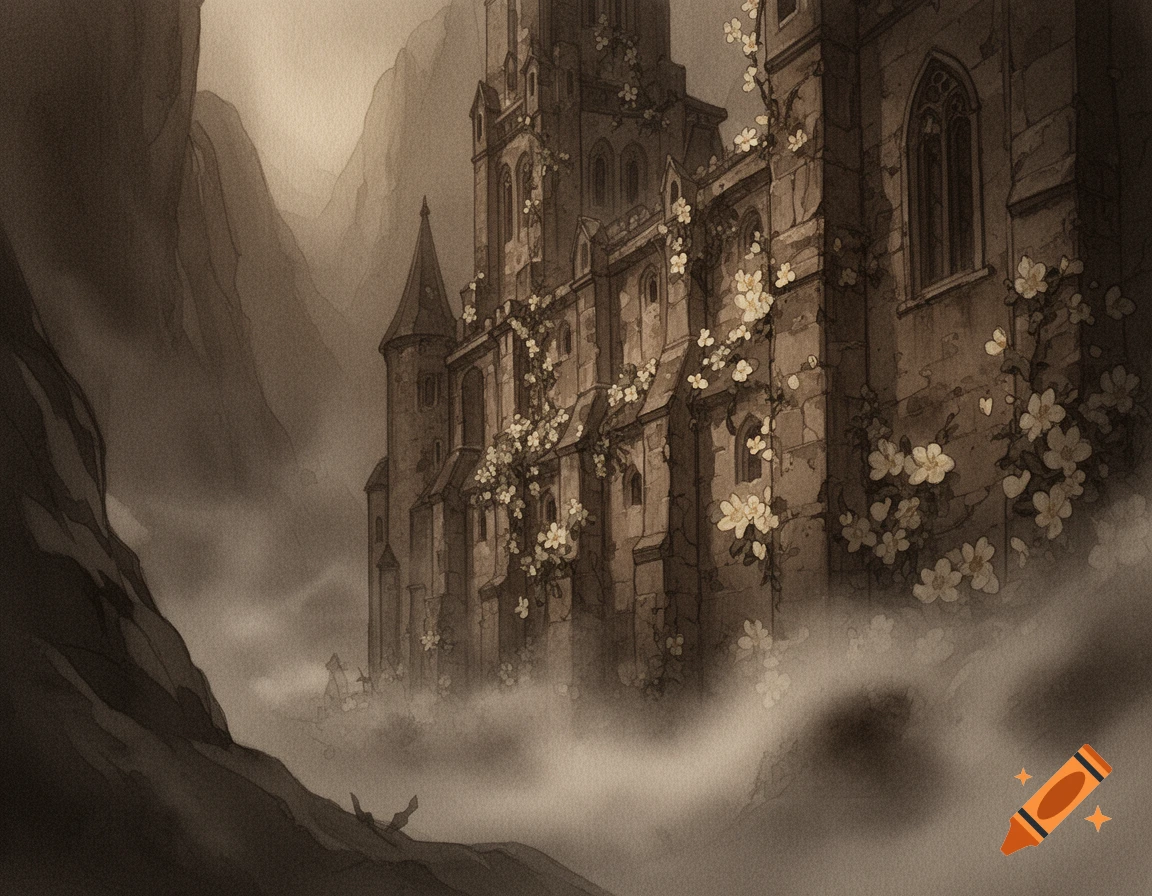 A medieval monastery in a dark, misty valley, with stone walls overgrown with pale flowers, in a watercolor illustration style.