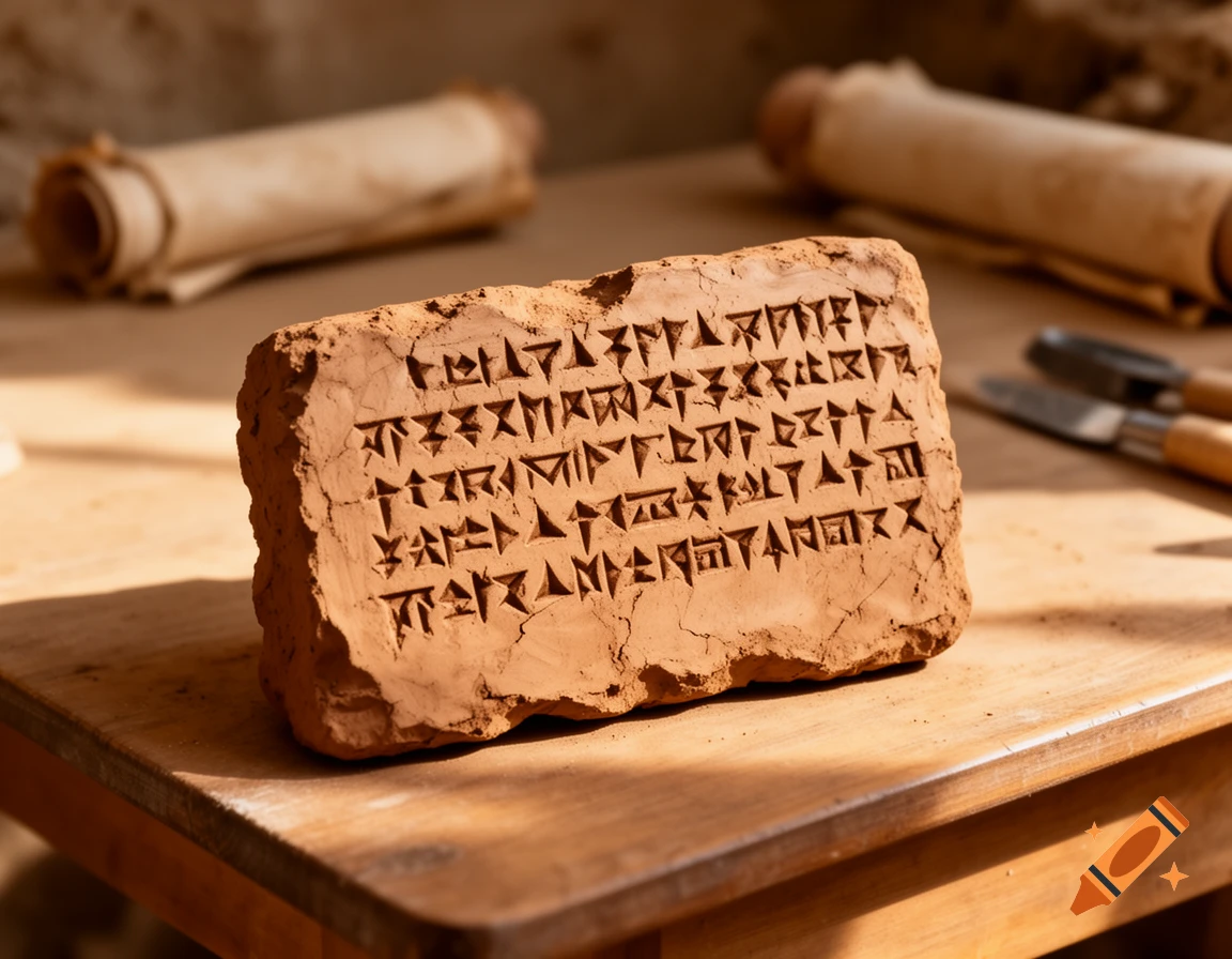 A close-up shot of a reddish-brown clay tablet covered in cuneiform writing, resting on a wooden table.