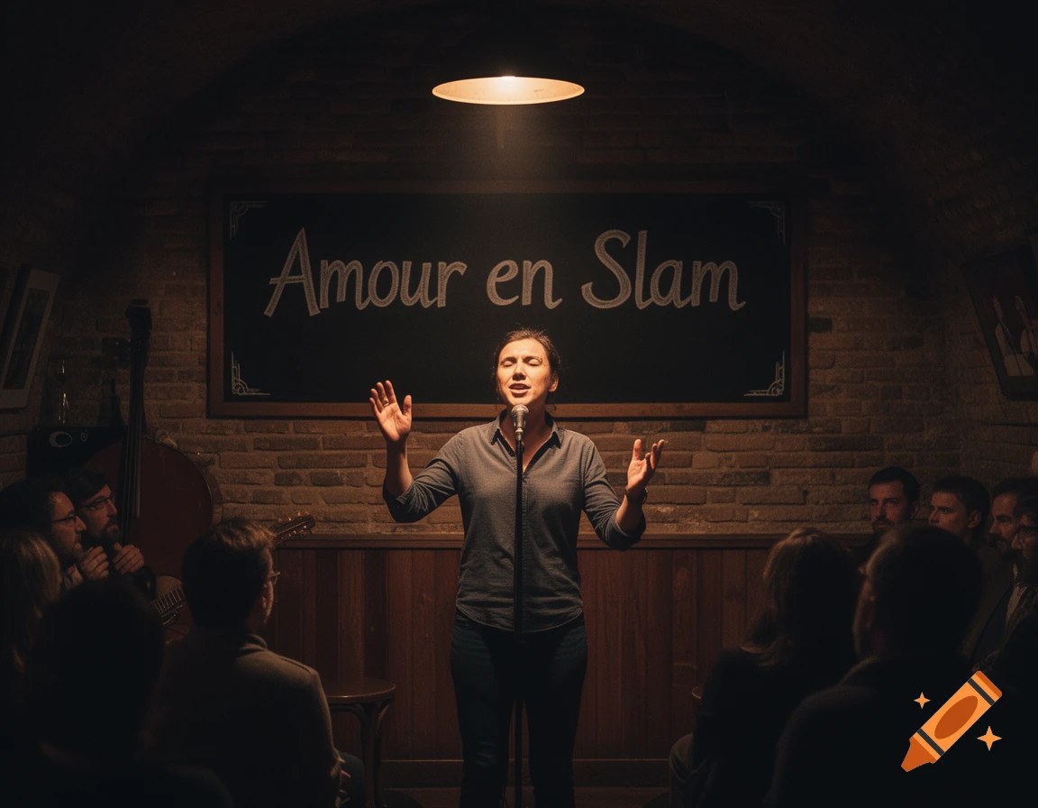 A woman performs poetry on a dim stage with a microphone, an audience, and 'Amour en Slam' written on a blackboard.