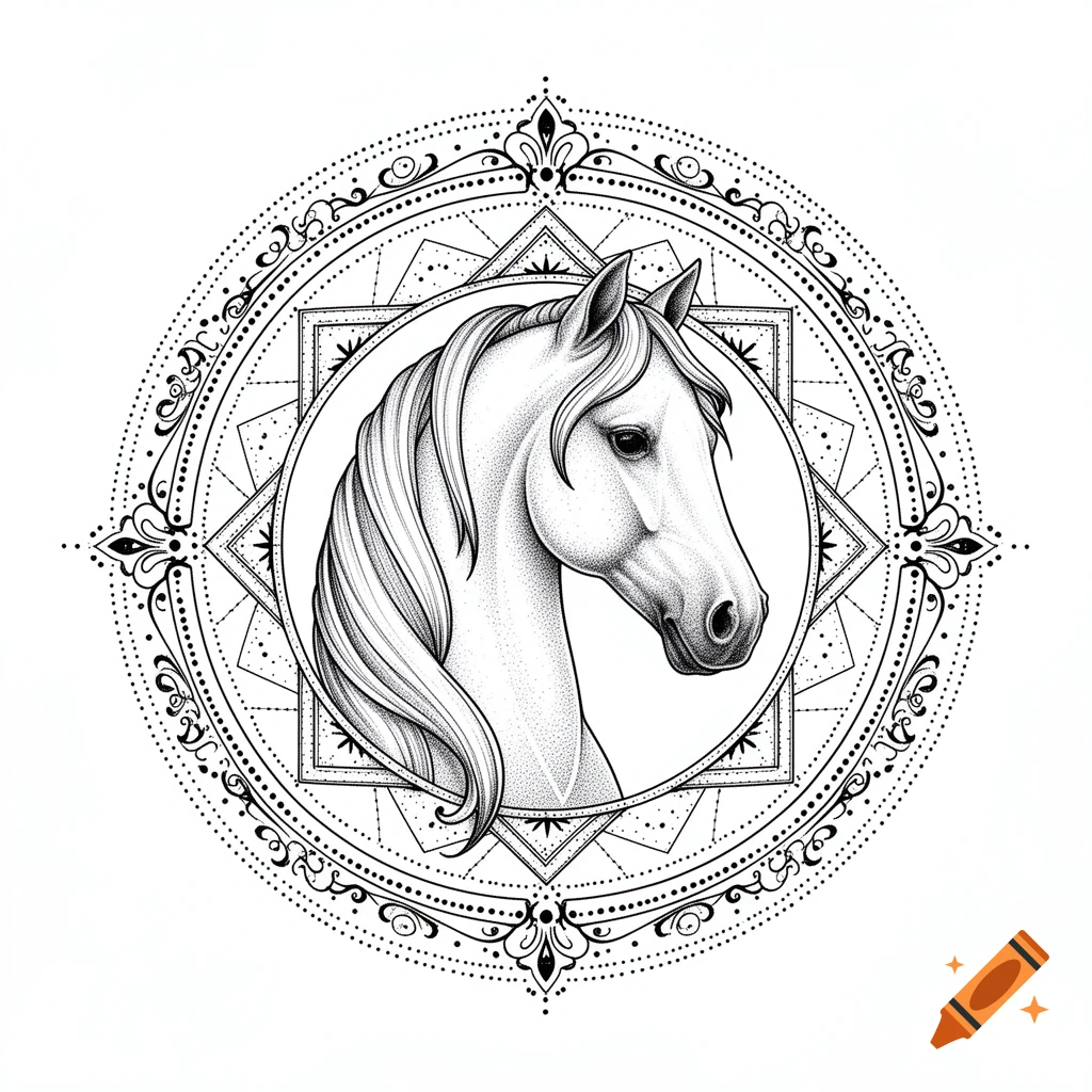 Elegant white horse head rendered in black dotwork, centered within a circular mandala design on a white background.