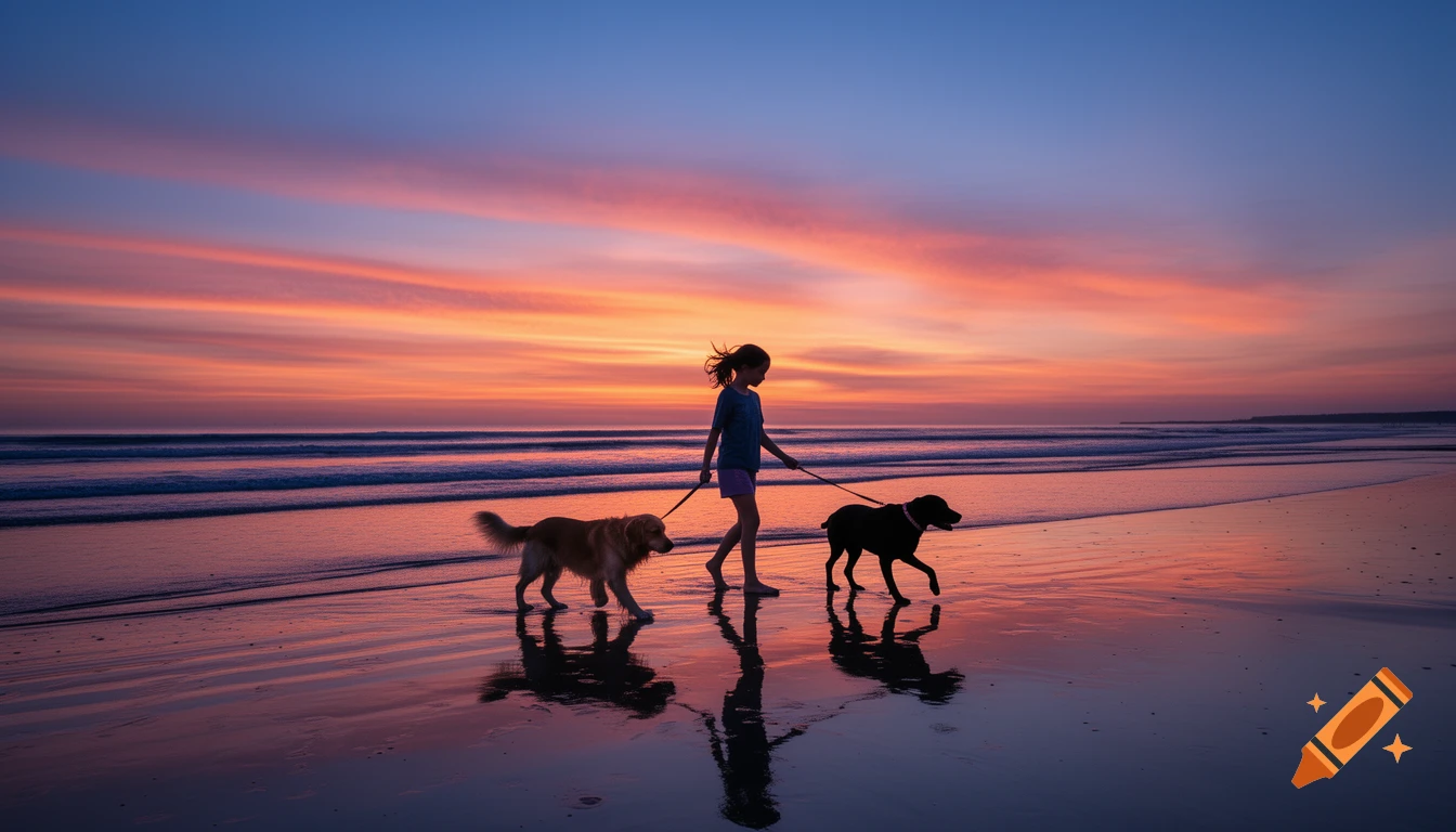 Silhouette of a girl walking two dogs on a beach at sunset, with colorful sky reflected on the wet sand.