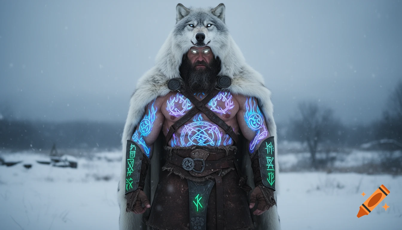 Photorealistic Norse berserker with glowing runes, wolf pelt, and white eyes in a snowy landscape.