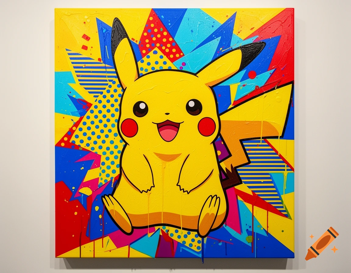 Pop art painting of Pikachu against a vibrant, abstract background with geometric shapes and paint drips.