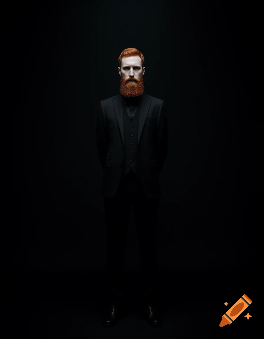 A serious man with a red beard and short red hair in a black three-piece suit stands with hands behind his back against a pitch black background.