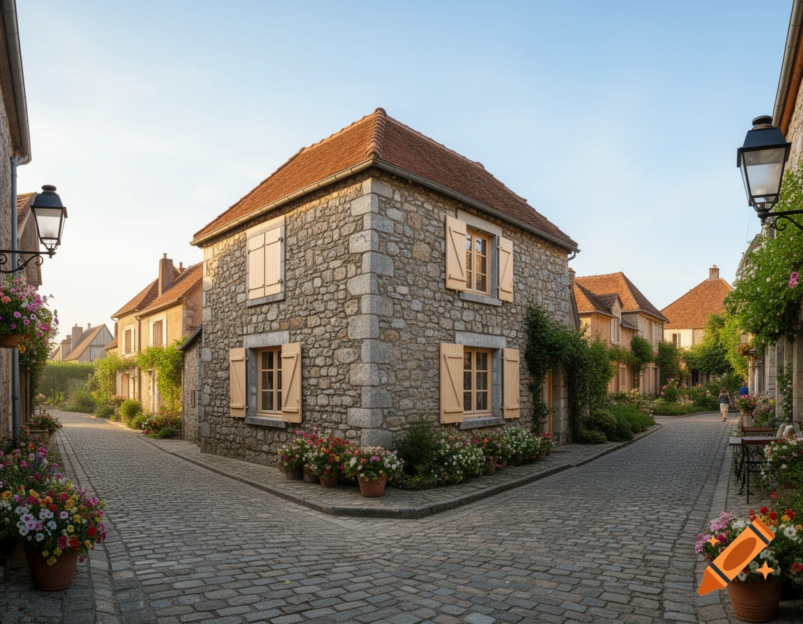 A quaint village street with cobblestone pavement, stone houses with terracotta roofs, and colorful potted flowers under a clear sky.