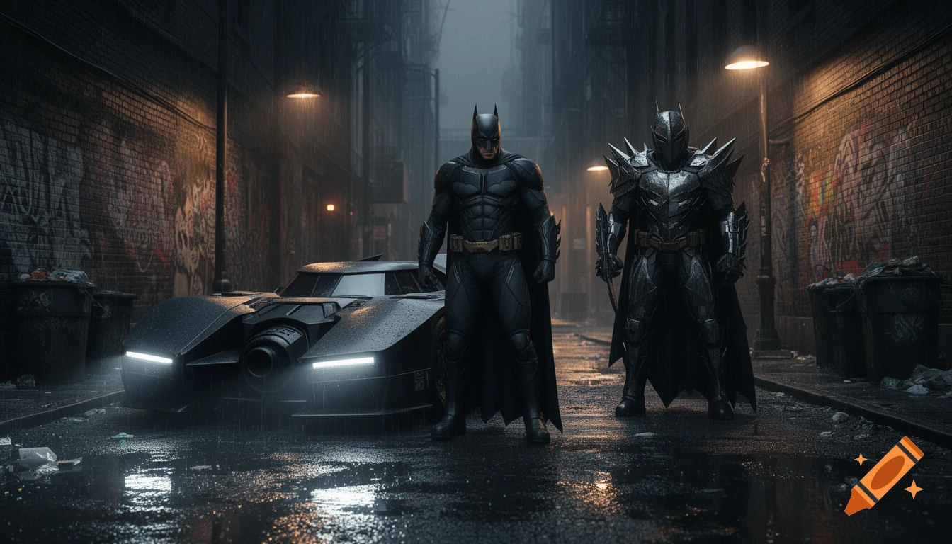 Photorealistic image of Batman and Arkham Knight next to the Batmobile in a dark, rainy alley with graffiti walls.