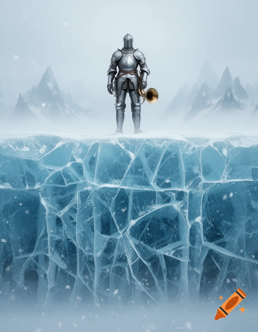 A knight in full plate armor stands on a jagged wall of blue ice, holding a brass horn. Snowy mountains rise in the misty background.