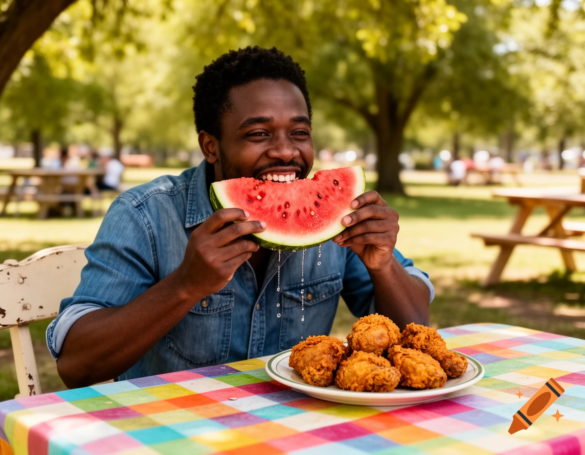 A smiling Black man eats a slice of watermelon, with juice dripping, next to a plate of fried chicken at a colorful picnic table in a park.