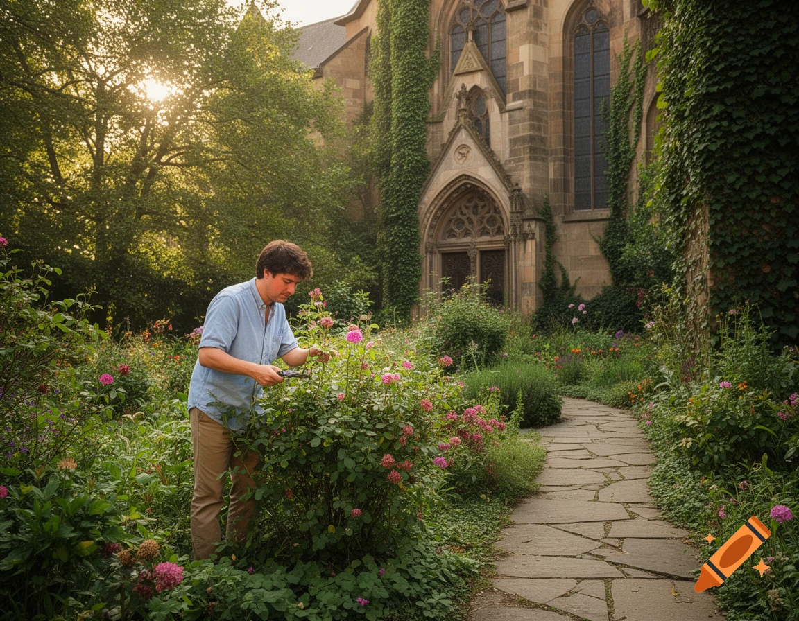 A man in a light blue shirt prunes roses in a lush church garden at sunset, with an ivy-covered gothic church in the background.