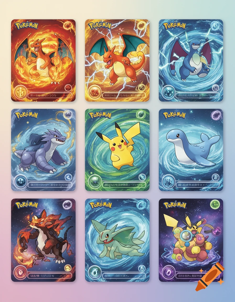 Nine colorful Pokemon trading cards are displayed in a grid, featuring various Pokemon characters like Charizard, Pikachu, and Lapras, against elemental backdrops.