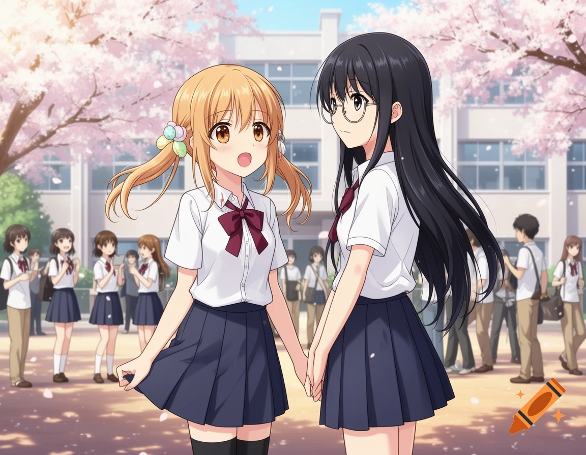 Two anime schoolgirls holding hands under cherry blossom trees in front of a school building.