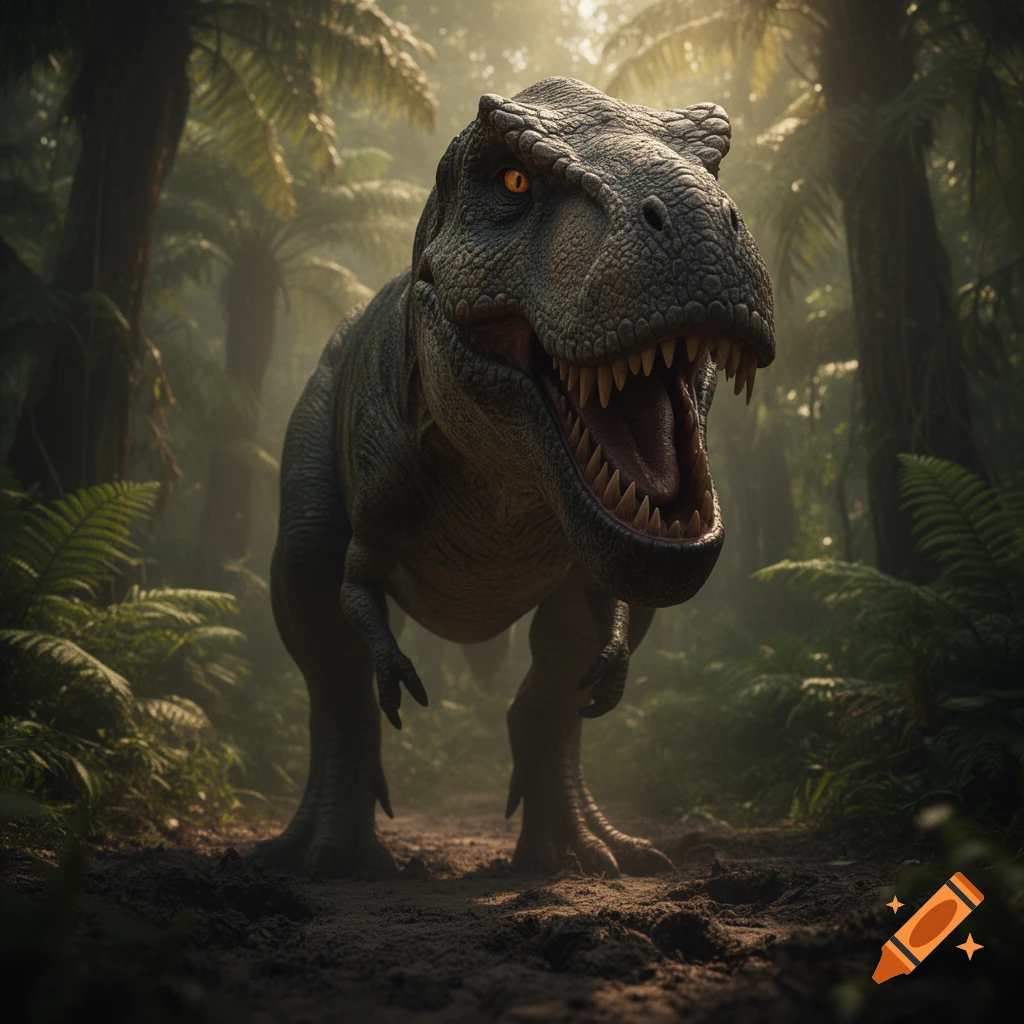A photorealistic T-Rex with its mouth open, roaring in a misty, lush jungle with palm trees and ferns.