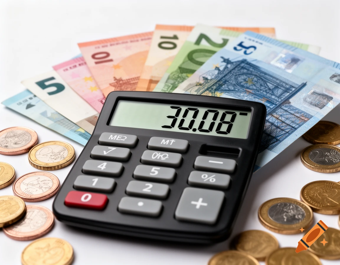 A photorealistic image of a calculator displaying 30.08 surrounded by various Euro banknotes (5, 10, 20, 50) and Euro coins on a white background.