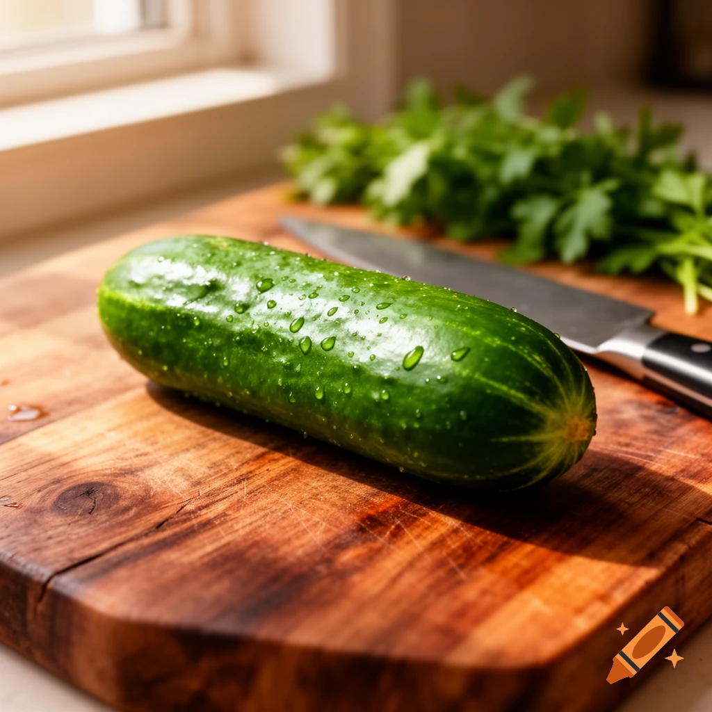 A fresh, wet green cucumber on a wooden cutting board with a knife and herbs in a sunlit kitchen.