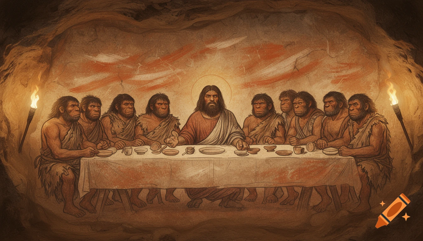 Cave painting style Last Supper with Jesus and Neanderthal figures around a table in a dimly lit cave.
