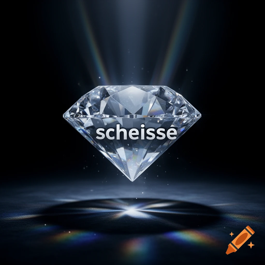 A brilliantly cut diamond with the word 'scheisse' embedded inside, glowing against a dark background with light rays.