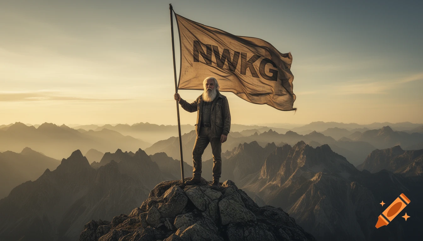 Photorealistic old man with a beard standing on a mountain peak, holding a flag with 'NWKG' against a sunset sky.