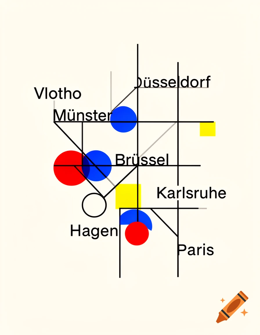 A minimalist abstract map with black geometric lines, red and blue circles, yellow squares, and city names like Vlotho and Düsseldorf on an off-white background.