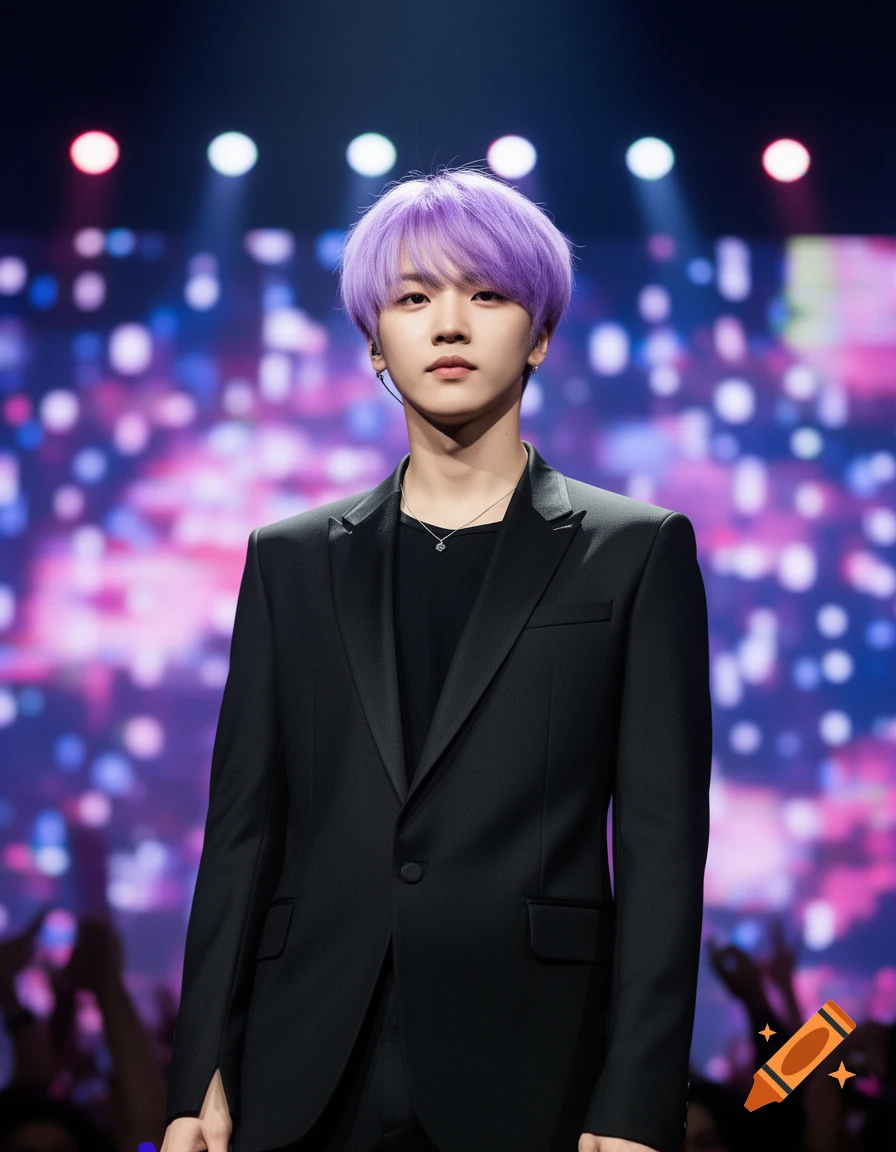 A K-pop idol with vibrant purple hair, dressed in a black suit, stands on a dimly lit stage with sparkling lights in the background, looking coolly into the camera.