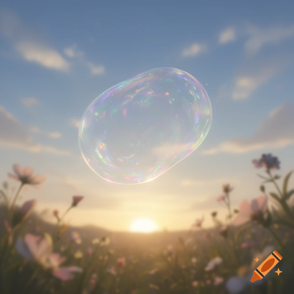 A translucent, iridescent bubble floats against a pastel sunset sky over a field of blurred wildflowers.