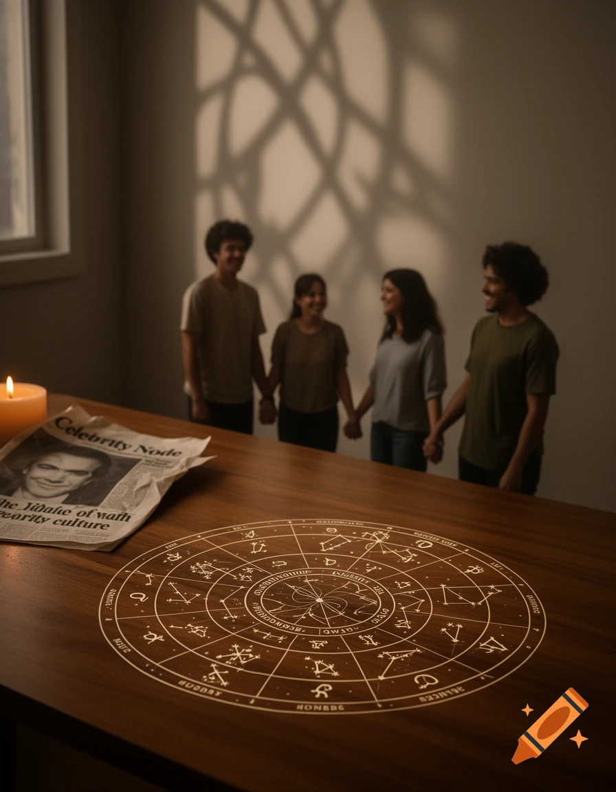 Four blurred people stand behind a table with a glowing zodiac wheel, a lit candle, and a newspaper in a dimly lit room.