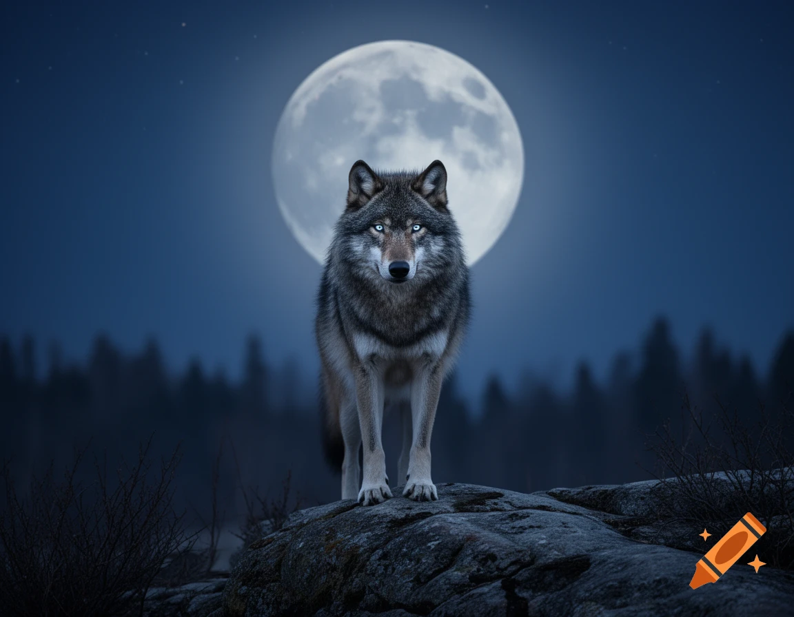 A photorealistic gray wolf with piercing blue eyes stands on a rocky outcrop under a large, bright full moon in a dark forest at night.