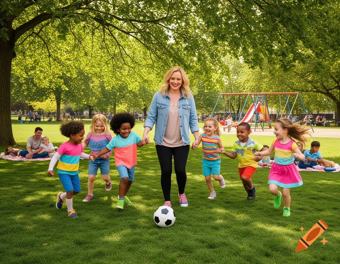 A woman and five diverse children run and hold hands while playing soccer in a sunny, green park with trees and a distant playground.